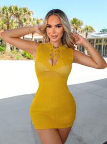 Zolique Mùa xuân/Mùa hè Màu thuần Xu hướng: Cắt giảm Dệt kim Dây đeo chéo Thon gọn Mini Đầm Áo len - Màu vàng - Xem 5