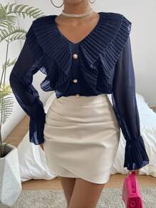 SHEIN Privé Casual V-Neck Shirt With Button Detail, Pinched Fold & Flare Sleeves, Spring - Navy Blue - View 4