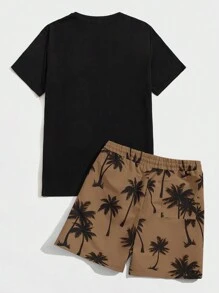 Manfinity BRENVOR Conjunto de camiseta de punto con bloqueo de color de estampado tropical y pantalones cortos con cordón en la cintura para hombre, conjunto de ropa cómoda - Café integral - Ver 2