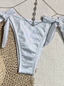 SHEIN Swim Conjunto de bikini con tiras metálicas sexy para el verano - Plateado - Ver 7