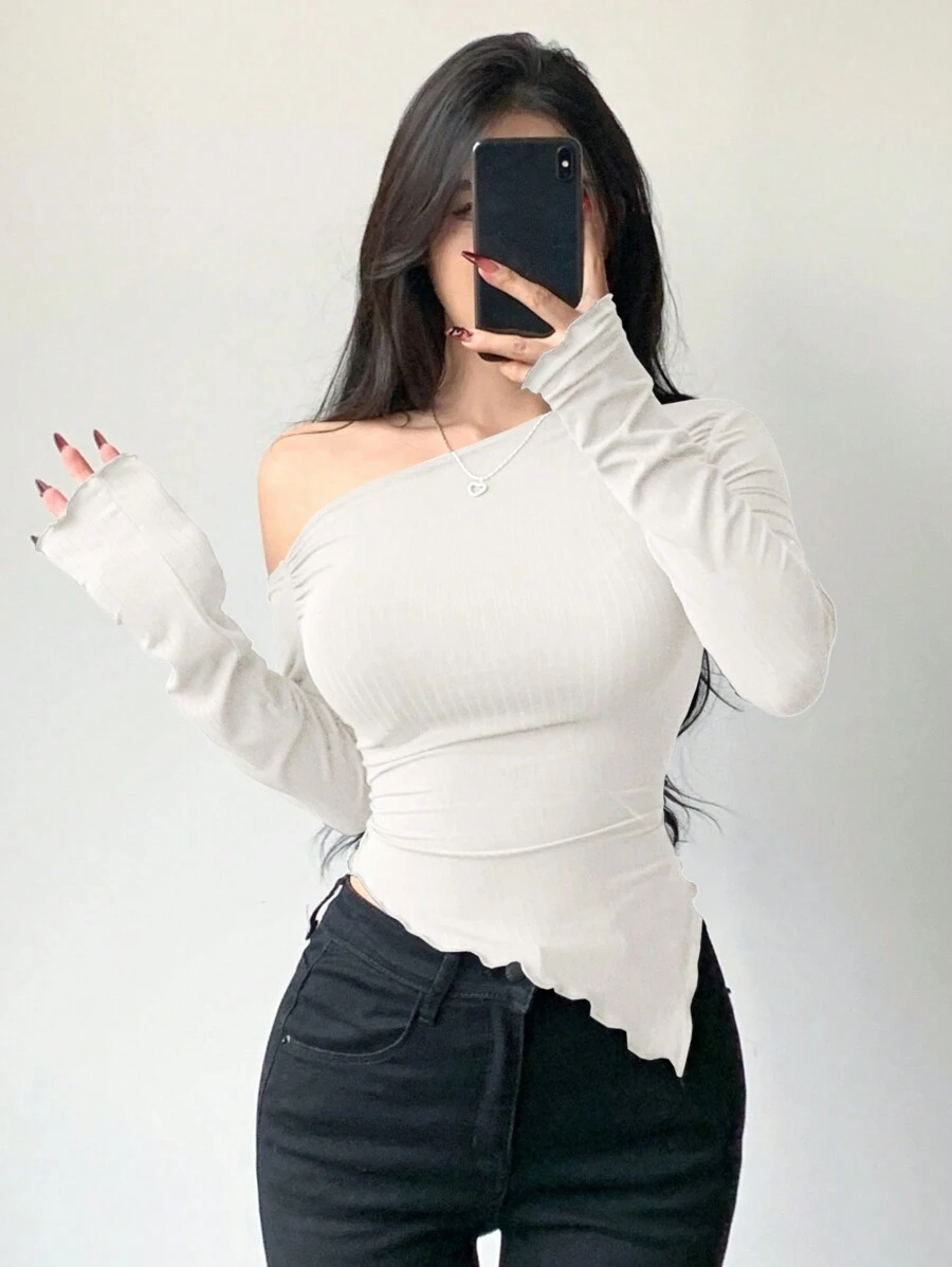 DAZY 女式不对称肩部生菜修身褶饰T恤长袖女式上衣 - 白色 - 查看 1