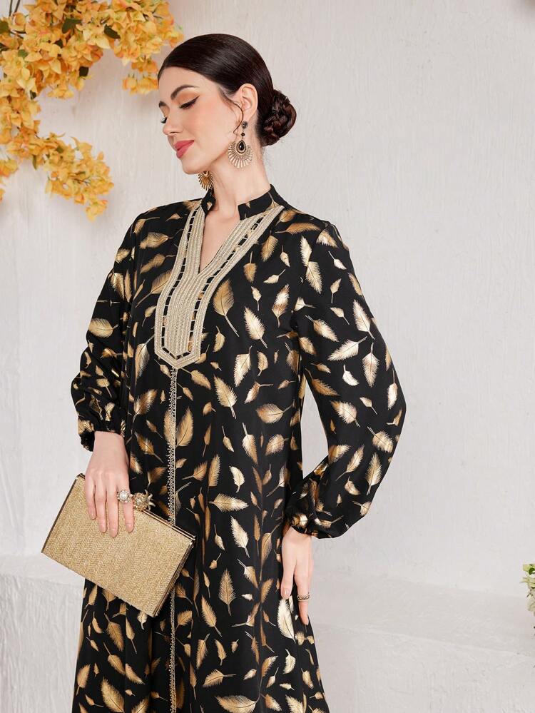 Women Vintage Feather Printed Arabian Dress
