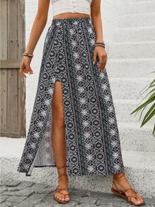 Breezaya 女士几何印花侧开衩长裙度假海滩装 - 黑色 - 查看 5