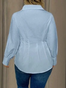 SHEIN Clasi 大尺碼純色燈籠袖摺疊褶子襯衫 - 寶藍色 - 查看 2