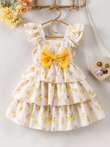 SHEIN Young Girl Sweet & Rustic Style Multi-Layered Cake Dress With Ditsy Floral Print And Bow Decoration For Summer Vacation - Yellow - View 1