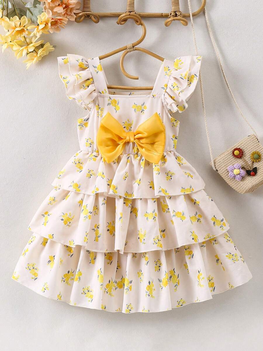 SHEIN Young Girl Sweet & Rustic Style Multi-Layered Cake Dress With Ditsy Floral Print And Bow Decoration For Summer Vacation - Yellow - View 1