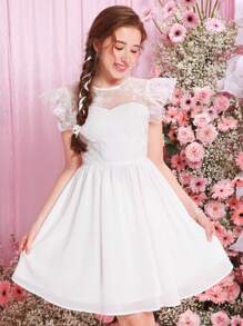 SHEIN Teen Girl Embroidered Mesh Splice Chiffon Swing Dress With V Neck Back And Short Flutter Sleeves - White - View 3