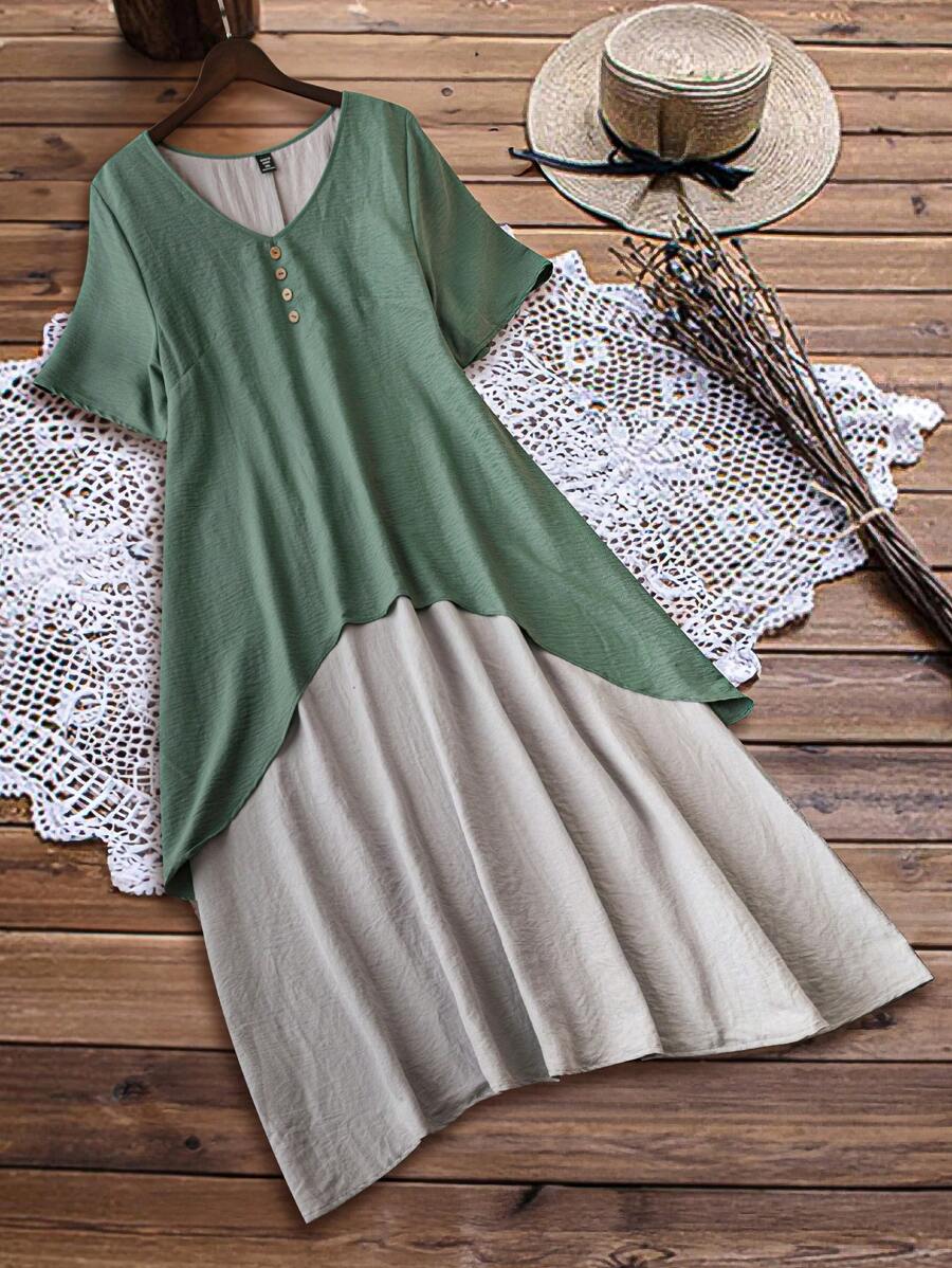 Linhara 大尺碼夏季對比色V領釦細節2合1連衣裙 - 彩色 - 查看 1