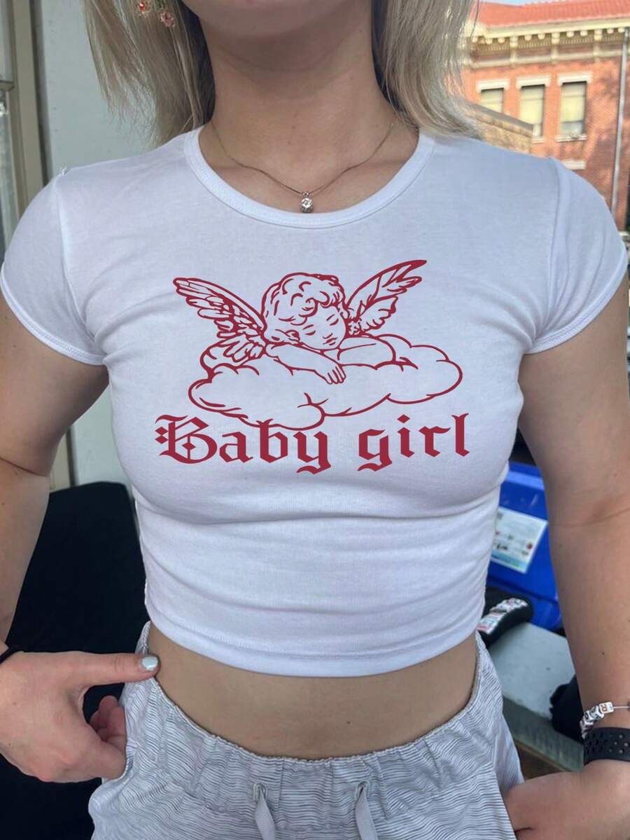 SHEIN EZwear Áo thun nữ in chữ thiên thần Slim Fit Crop Top cho mùa hè, Áo thun nữ cho bé - trắng - Xem 1