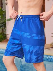 Teen Boys' Mid-Length Blue Ombre Swimwear, Perfect For Vacation, Hot Springs And Surfing, Quick-Drying With Drawstring And Geometric Print, Ideal For Casual And Fashionable Look At Beach - Multicolor - View 1