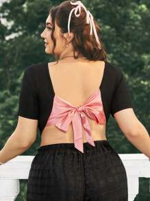 Dreamara Camiseta Sexy Recortada Con Diseño De Nudo De Lazo De Bloque De Color Negro Para La Espalda De Talla Grande Para El Verano