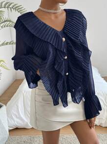 SHEIN Privé Casual V-Neck Shirt With Button Detail, Pinched Fold & Flare Sleeves, Spring - Navy Blue - View 3