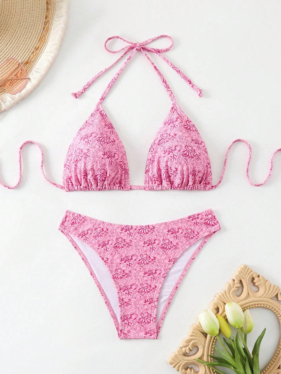 Swim Mod Ladies Stylish Summer Beach Random Print Split Bikini Swimwear - Multicolor - View 1