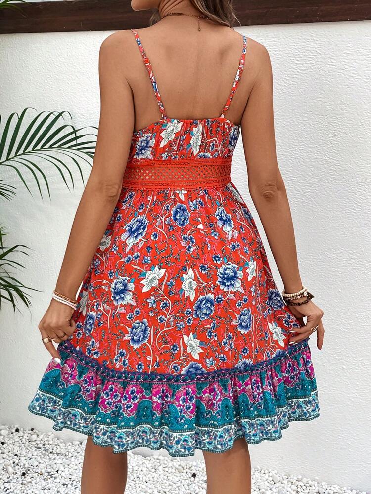 Maternity Summer Floral Printed Contrast Lace Dress With Ruffled Hem