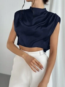 Firerie Blusa arrugada de cuello alto para mujeres - Azul Marino - Ver 4