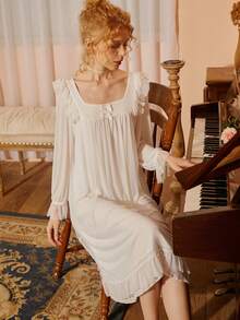 Cho Nữ Màu Trơn Hoa Ren Trang Trí Cổ Vuông Rời Dài Tay Váy Ngủ - trắng - Xem 5