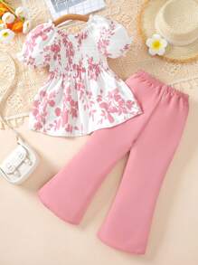 SHEIN Young Girl Floral Print Crop Top With Puff Sleeves And Flared Pants Summer Outfit Set Summer Holiday - Baby Pink - View 2