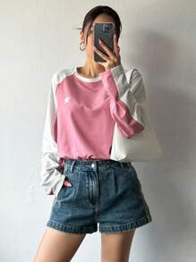 DAZY Color Contrast Star Printed Long Raglan Sleeve T-Shirt Y2k Long Sleeve Women Tops - Multicolor - View 2