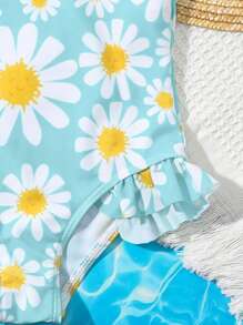 年輕女孩花紋一片式泳衣，厚肩帶配褶邊 - 彩色 - 查看 3