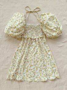 Soleia Women's Summer Vacation Romantic Countryside Princess Style Puff Sleeve Square Neckline Colorful Floral Printed Tiered Dress With Ruffle Trimmed