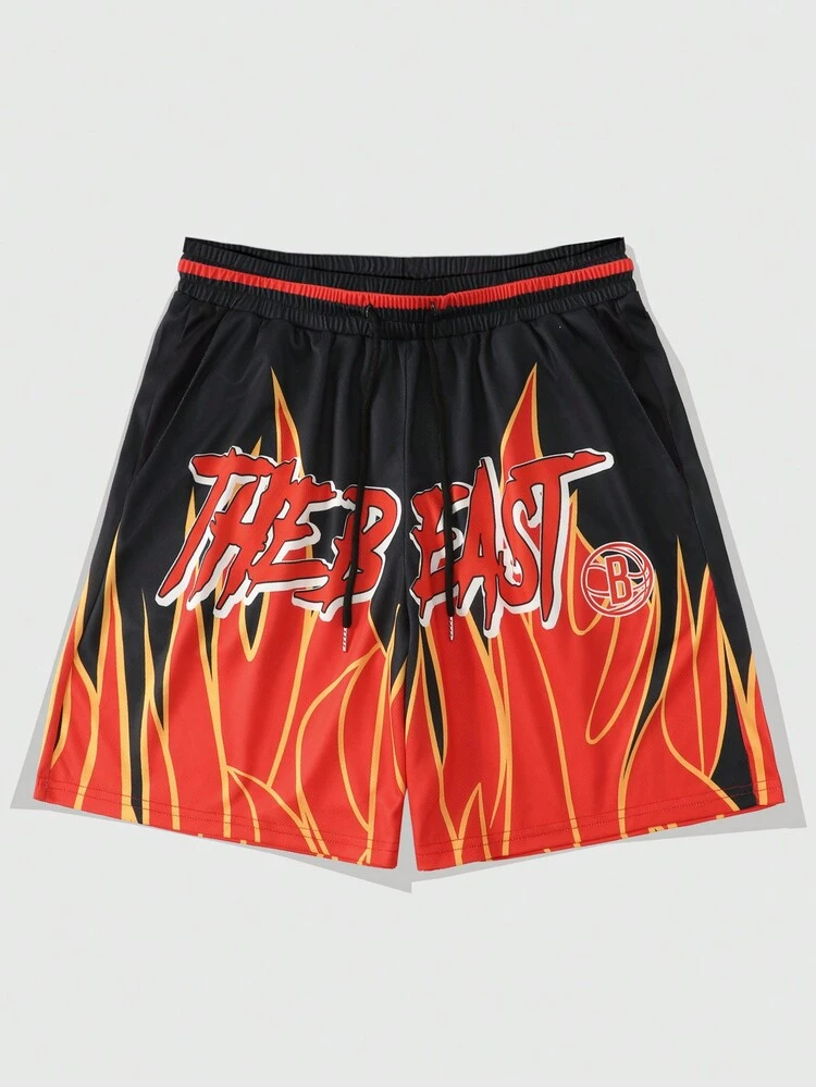 Men Summer Casual Graffiti Flame Print Shorts