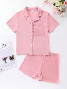 Tween Girls' Pink Simple Solid Color Short Sleeve Shirt And Shorts Two-Piece Set Casual Homewear - Pink - View 1