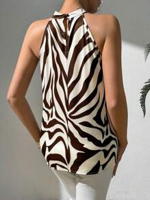 RosyDaze 女士時尚夏季修身斑馬紋開肩上衣，立領設計 - 棕色 - 查看 2