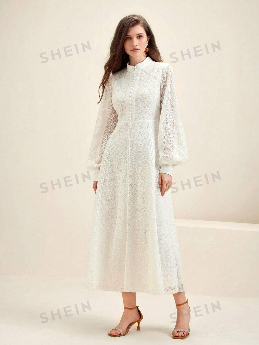 Anewsta Vestido elegante de unicolor con mangas de linterna de encaje para mujeres, ropa para fiesta de vacaciones, atuendo maxi para mujeres