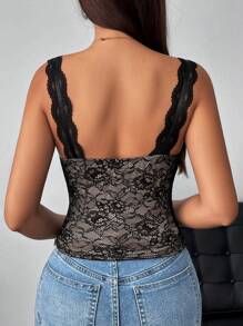 SHEIN Privé Women Romantic Sexy Lace Cami Top - Black - View 2
