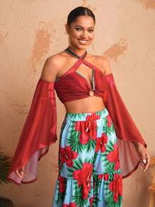 BELANGE HANDMADE Top de mujer diseñador con hombros descubiertos, mangas de campana y corte hueco, para otoño, vacaciones, salir, festival