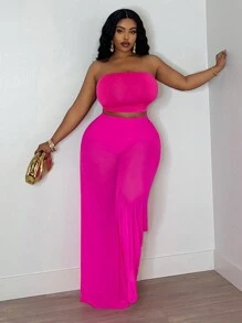 Slaydiva 假期休閒彈力針織網紗修身玫瑰紅色透視管身上衣和寬腿褲加大號女士兩件套組合