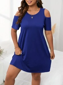 EMERY ROSE Plus Size Women's Off-The-Shoulder Sunflower  Printed  Round Neck Simple Daily Dress - Royal Blue - View 1