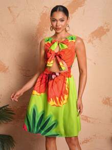 BELANGE HANDMADE Designer Bow Tie Strap Elastic Waist Print Summer Dress, Sundress Outfit, For Holiday, Party, Vacation, Spring, Beach, Festival, Ibiza Fits, Prom Dress - Multicolor - View 1