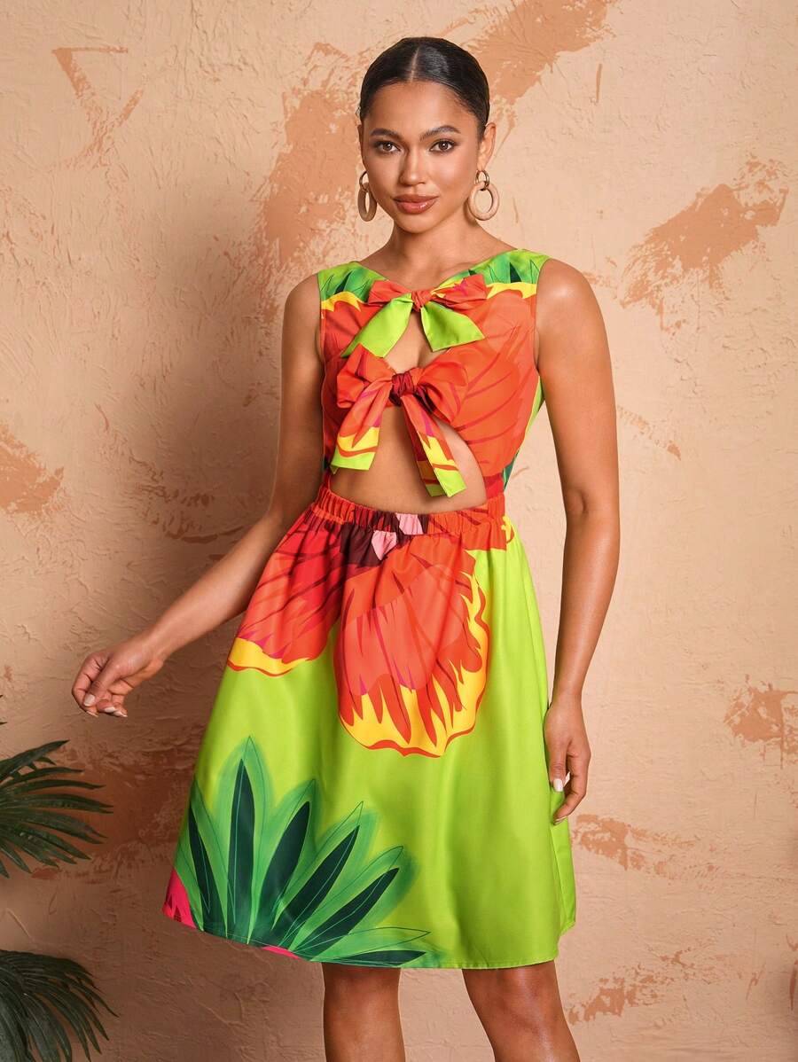 BELANGE HANDMADE Designer Bow Tie Strap Elastic Waist Print Summer Dress, Sundress Outfit, For Holiday, Party, Vacation, Spring, Beach, Festival, Ibiza Fits, Prom Dress - Multicolor - View 1