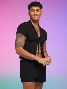 FeverCity Set aus Herren-Kurzarmhemd mit Knoten-Design an der Vorderseite, mit Shorts