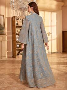 Stand Collar Long Sleeve Mesh Geometric Embroidery Sequin Robe, Loose Fit Eid - Green - View 2