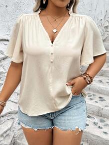 SHEIN 大尺碼純色深V領荷葉袖休閒日常上衣 - 杏色 - 查看 4