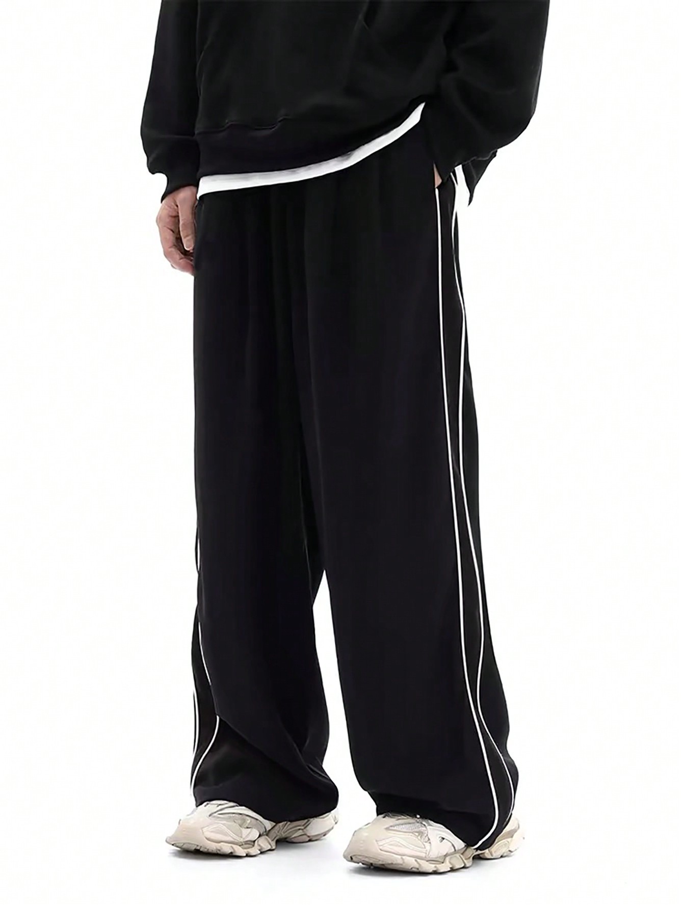 Manfinity Dauomo Men Loose Wide-Leg Pants, Casual Basic With Side Seam Pockets And Patchwork Design