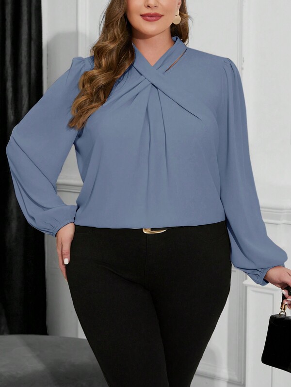 SHEIN Clasi Plus Size Spring Casual Simple Pleated Lantern Sleeve Work Shirt