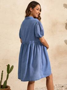 SHEIN Vestido informal de mezclilla con manga abombada y un solo botón para mujeres embarazadas