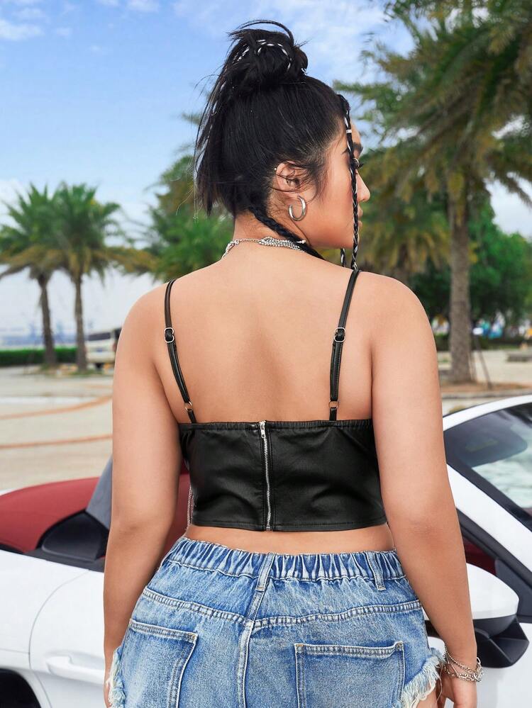 Plus Size Street Sexy Fringe Tight Elastic Black Crop Cami Top, For Summer, Party, Club, Music Festival