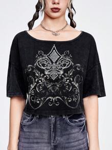 ROMWE Fairycore Women's Loose Cropped Snow Wash T-Shirt With Vintage Lily, Thorn And Rhinestone Embellishments