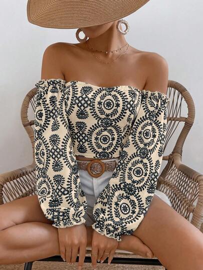 Breezaya Blusa holgada con mangas farol y diseño estampado de plantas para mujer, estilo vacacional de primavera y verano, blusas de manga larga