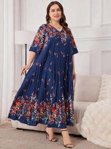 Seusyu Plus Size Women Floral Print Pleated V-Neck Loose Arab Dress - Multicolor - View 4
