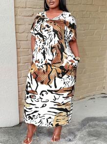 SHEIN LUNE 大尺碼女性V領幾何印花短袖連身裙，夏季休閒款帶口袋 - 彩色 - 查看 1