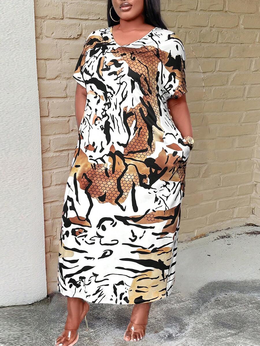 SHEIN LUNE 大尺碼女性V領幾何印花短袖連身裙，夏季休閒款帶口袋 - 彩色 - 查看 1