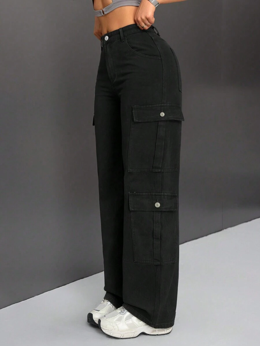SHEIN PETITE Pantalones Vaqueros De Utilidad De Pierna Recta De Color Sólido - Negro - Ver 1