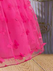 SHEIN Vestido De Mariposas Para Jóvenes Con Aplicación De Mariposa Y Diferentes Tejidos Con Dobladillo Con Volantes - Rosa Fucsia - Ver 5