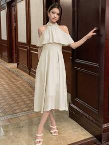 DAZY Women Solid Color Open Shoulder Halter Neck Dress For Summer Prom Dress Sundress,Formal Women Dresses Elegant Women Dresses - Beige - View 2