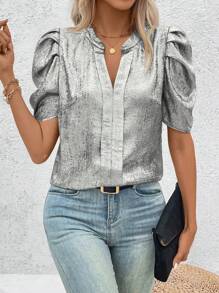 SHEIN LUNE Summer Casual Short Sleeve Shirt With Metal-Like V Neckline - Grey - View 1